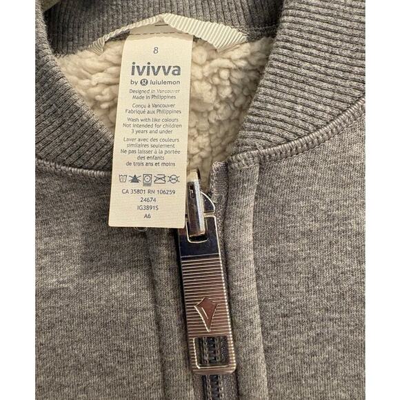 Ivivva Girls Size 8 Gray Fully Lined Full Zip Bomber Jacket Lululemon - Picture 3 of 5